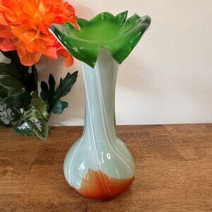 Vintage Hand Blown Art Glass Vase Green Ruffled Top Orange Swirl Base Mid Centur